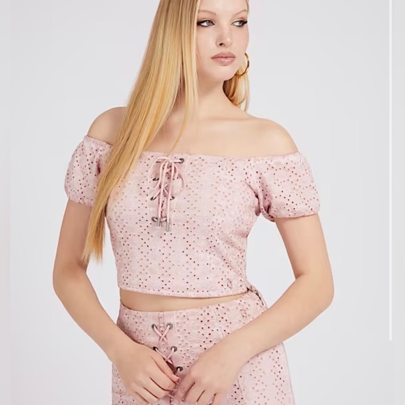 Guess| Beatrix Square Neck Eyelet Crop Top w Puff Sleeve & Tie Detail•••Size M - Picture 2 of 16